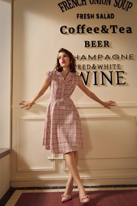 Lyserød Ternet Swingkjole-1