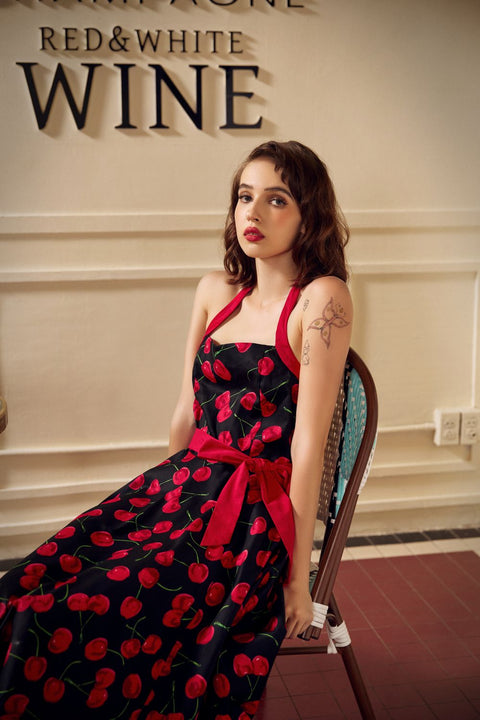 Sort&Rød Kirsebær Halterkjole-2