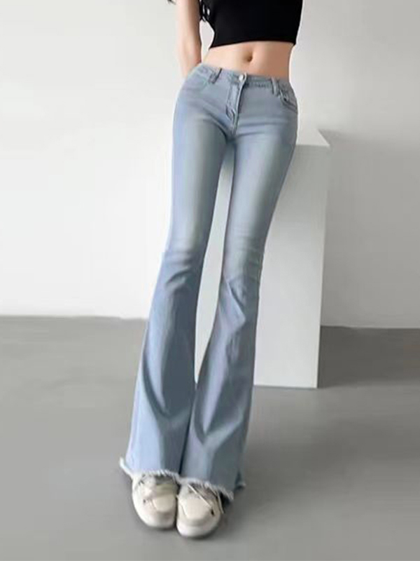 Washed Low Waist Stretchy Mopping Flare Jeans-1