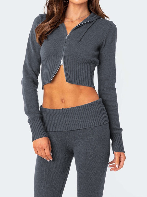 Solid Knit Hoodie&Flare Leg Pants Set-1