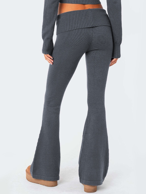 Solid Knit Hoodie&Flare Leg Pants Set-4