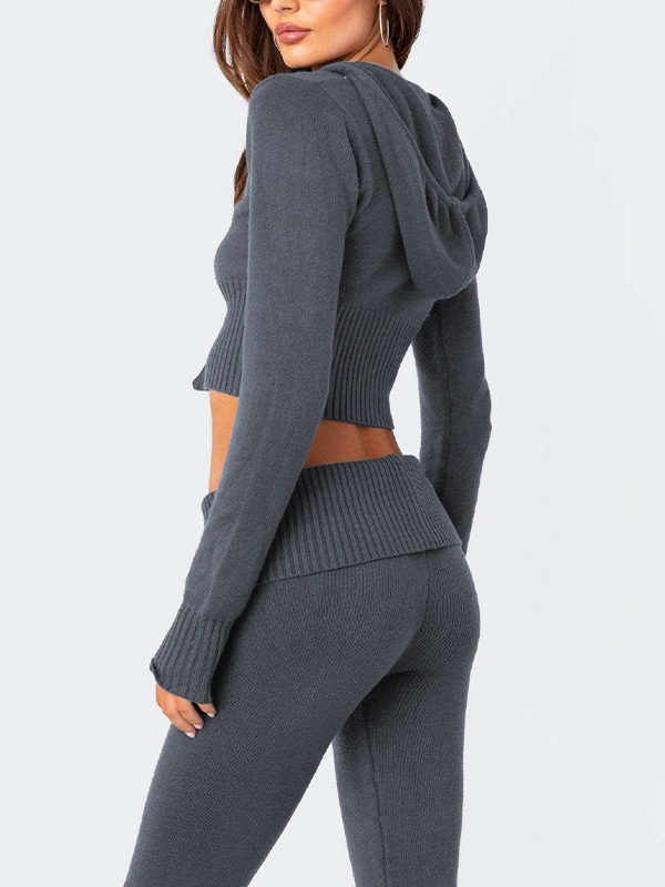 Solid Knit Hoodie&Flare Leg Pants Set-3
