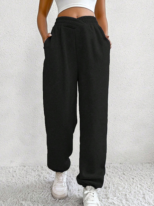 Solid Crossover Waist Bound Feet Sweatpants-1