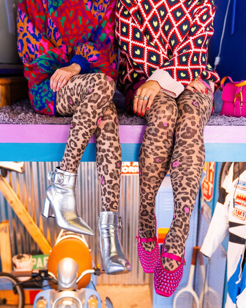 Lyserøde Pop Leopardprint Gennemsigtige Strømpebukser-1