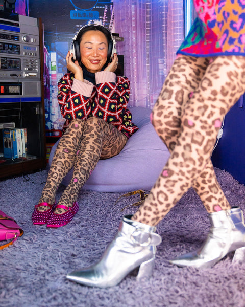 Lyserøde Pop Leopardprint Gennemsigtige Strømpebukser-7