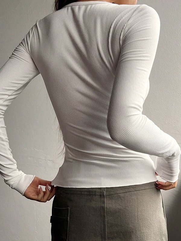 Solid Color Breasted V Neck Slim Long Sleeve Knit-3